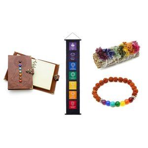 Chakra Bundle - Journal, Chakra Banner Flag, Rudraksha Bracelet & Sage Smudge